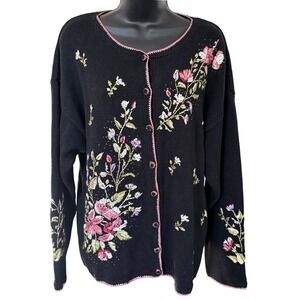 Vtg Tiara International Embroidered Sweater Sz XL Floral Grannycore Cottagegoth